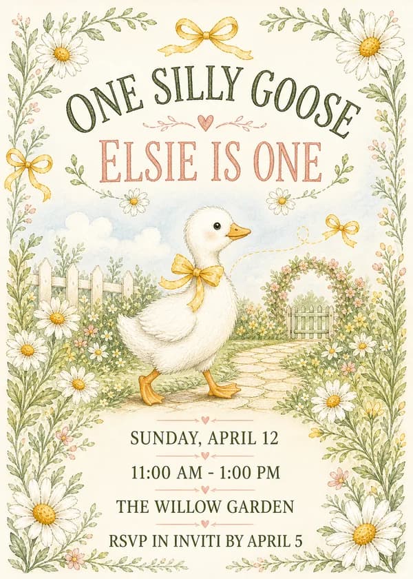 One Silly Goose first birthday invitation with a white gosling in a yellow bow walking a garden path past a picket fence, daisies and a flower arch