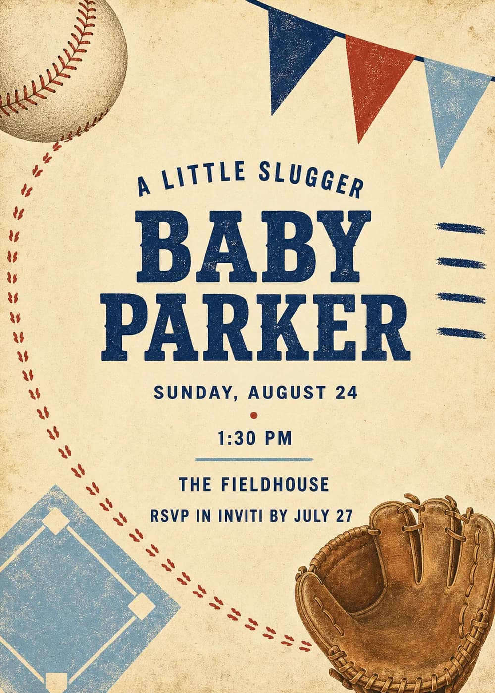 A Little Slugger baby shower invitation in distressed vintage screenprint style with a stitched baseball, blue and red pennants, a pale blue baseball diamond, a brown leather glove and navy block lettering on aged cream