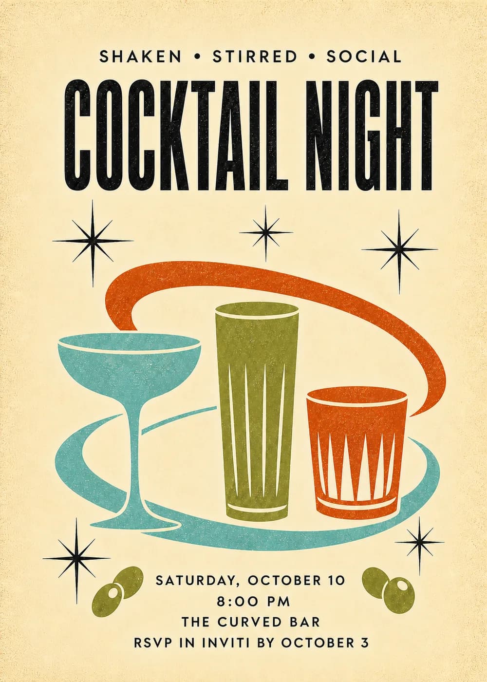 Cocktail Night party invitation in retro atomic-age style with turquoise, olive and orange cocktail glasses, starbursts, olives and a sweeping orange swoosh