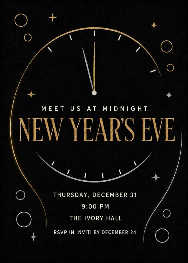 Meet Us at Midnight New Year's Eve party invitation with a gold and silver clock face just before twelve, fine stars and metallic circles on black