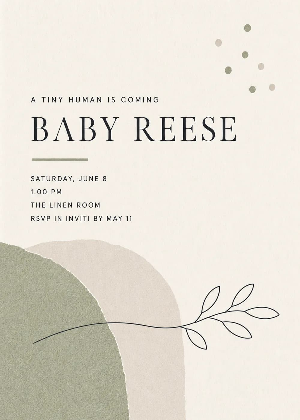 A Tiny Human Is Coming minimalist baby shower invitation with overlapping sage and beige arches, a fine outline branch and small dots on warm ivory