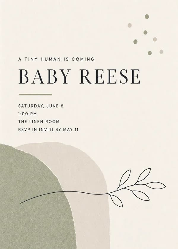 A Tiny Human Is Coming minimalist baby shower invitation with overlapping sage and beige arches, a fine outline branch and small dots on warm ivory