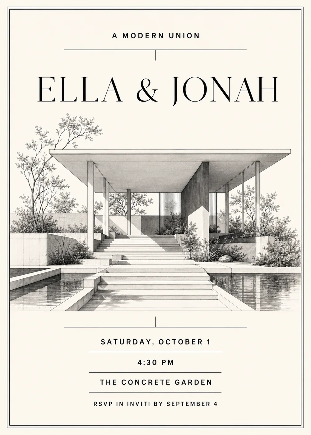 Wedding invitation with a monochrome pencil drawing of a flat-roofed concrete pavilion, a broad staircase between reflecting pools and slender garden trees, below large black serif names on warm ivory inside a thin double border