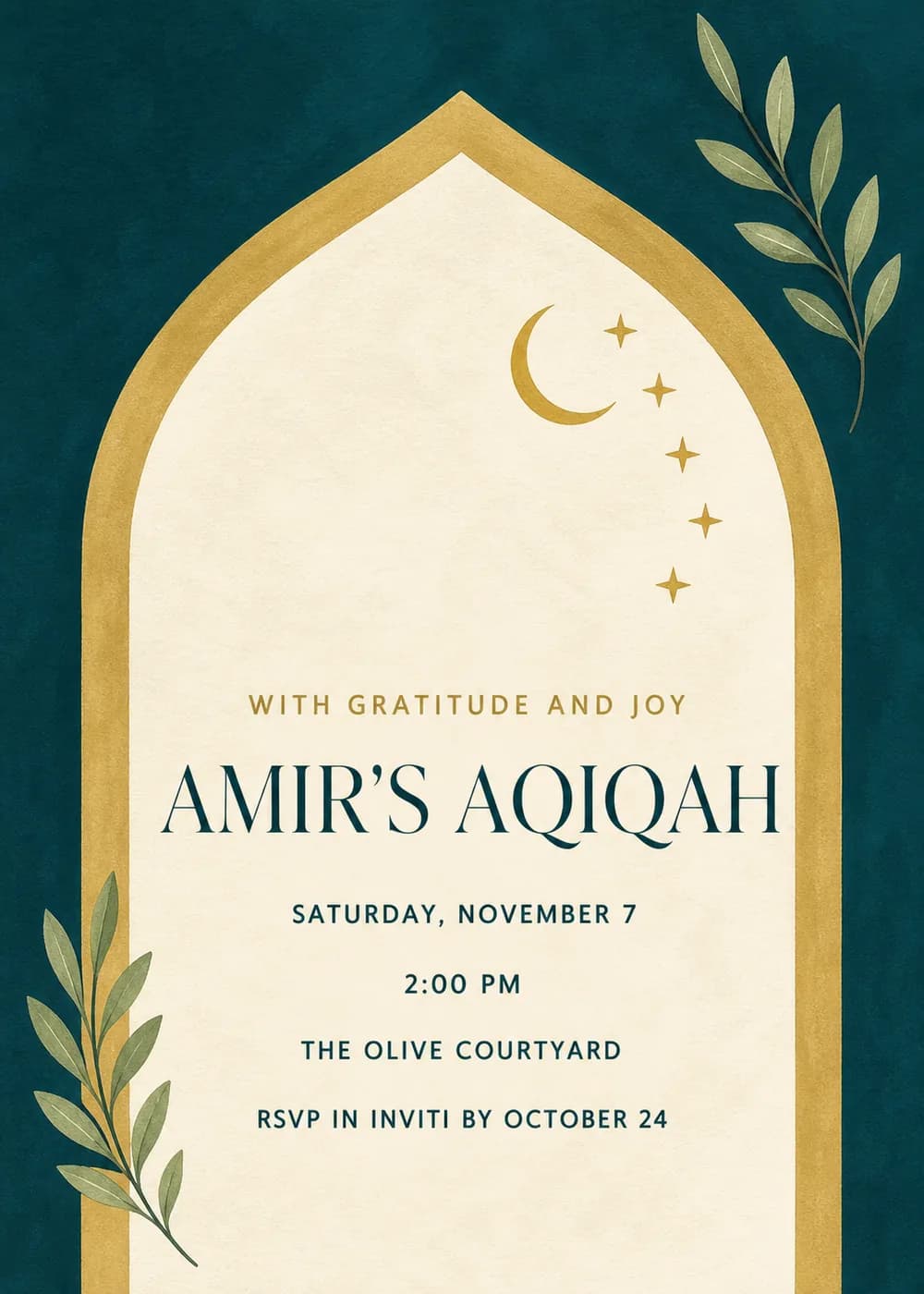 Aqiqah invitation with a gold crescent, small stars and slender olive branches inside a gold-edged ivory pointed arch on a deep teal background