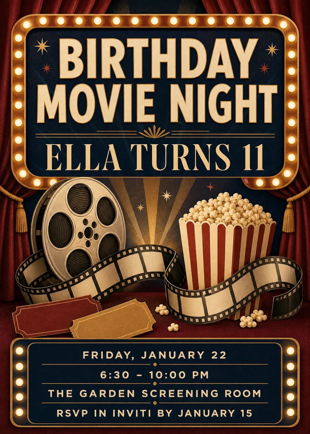 Birthday Movie Night invitation with a bulb-lit gold cinema marquee, burgundy velvet curtains, a film reel, a film strip, a striped popcorn tub and tickets on navy