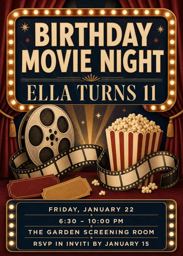 Birthday Movie Night invitation with a bulb-lit gold cinema marquee, burgundy velvet curtains, a film reel, a film strip, a striped popcorn tub and tickets on navy