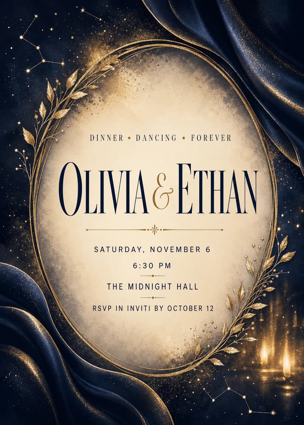 Formal wedding invitation with tall navy names in a glowing ivory oval ringed by fine gold lines, framed by midnight navy satin folds, gold leaf sprigs, constellations and soft candle flames