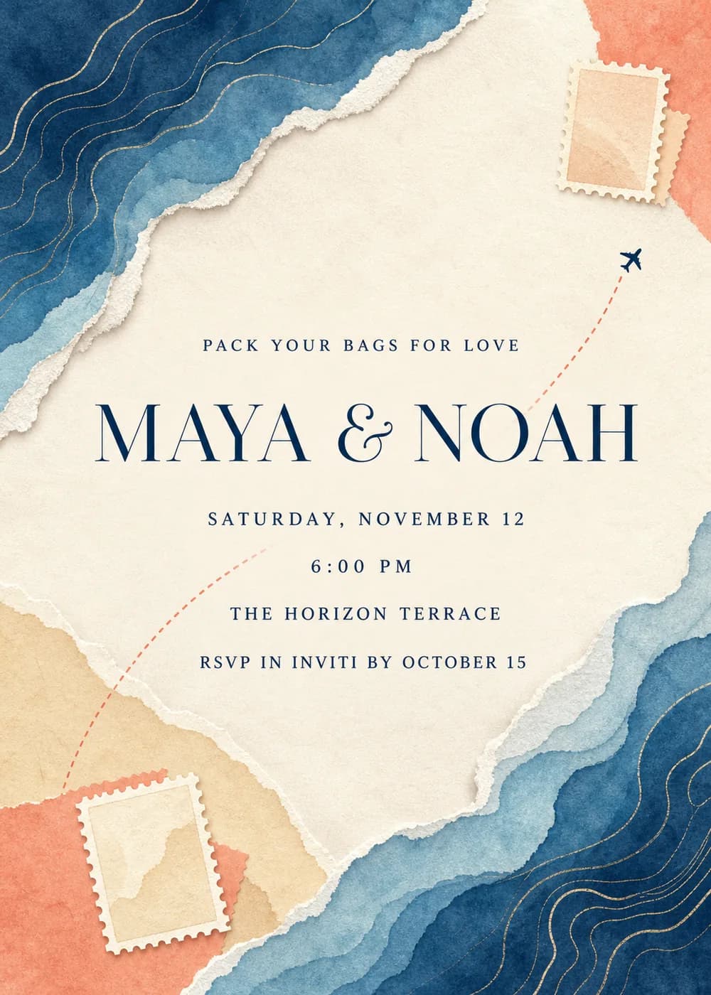 Destination wedding invitation in torn paper collage, with layered navy and blue watercolor traced in fine gold lines in two corners, coral corners holding blank perforated stamps, and a small navy plane trailing a dashed coral flight path past navy lettering on torn ivory paper