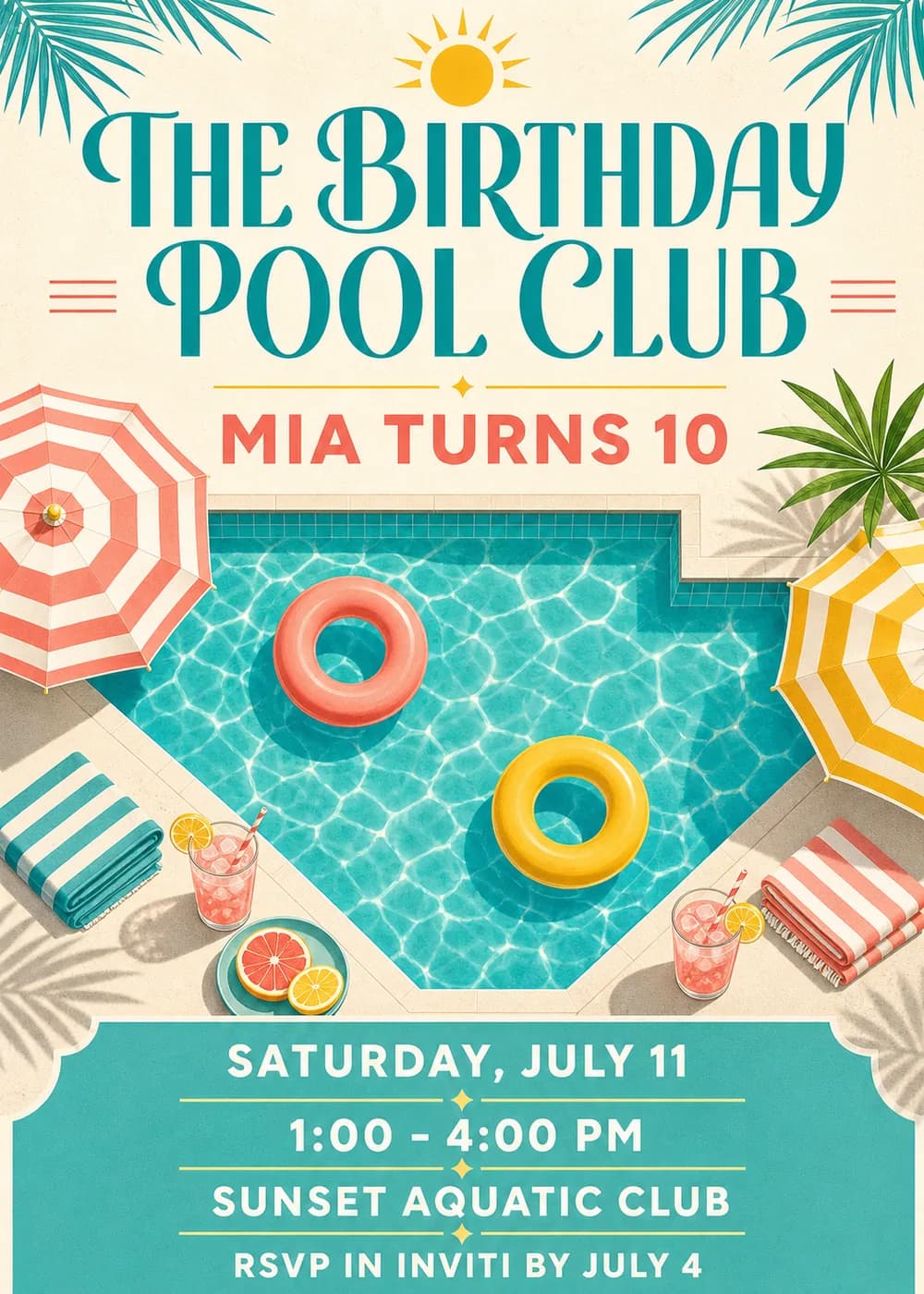 The Birthday Pool Club invitation with a top-down turquoise pool, coral and yellow swim rings, striped parasols, palm fronds and pink drinks in vintage poster style