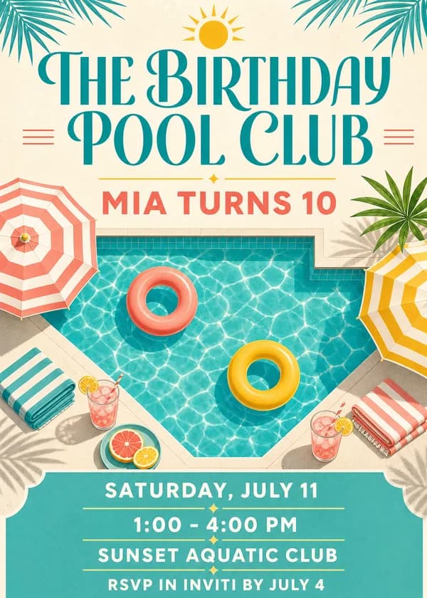 The Birthday Pool Club invitation with a top-down turquoise pool, coral and yellow swim rings, striped parasols, palm fronds and pink drinks in vintage poster style