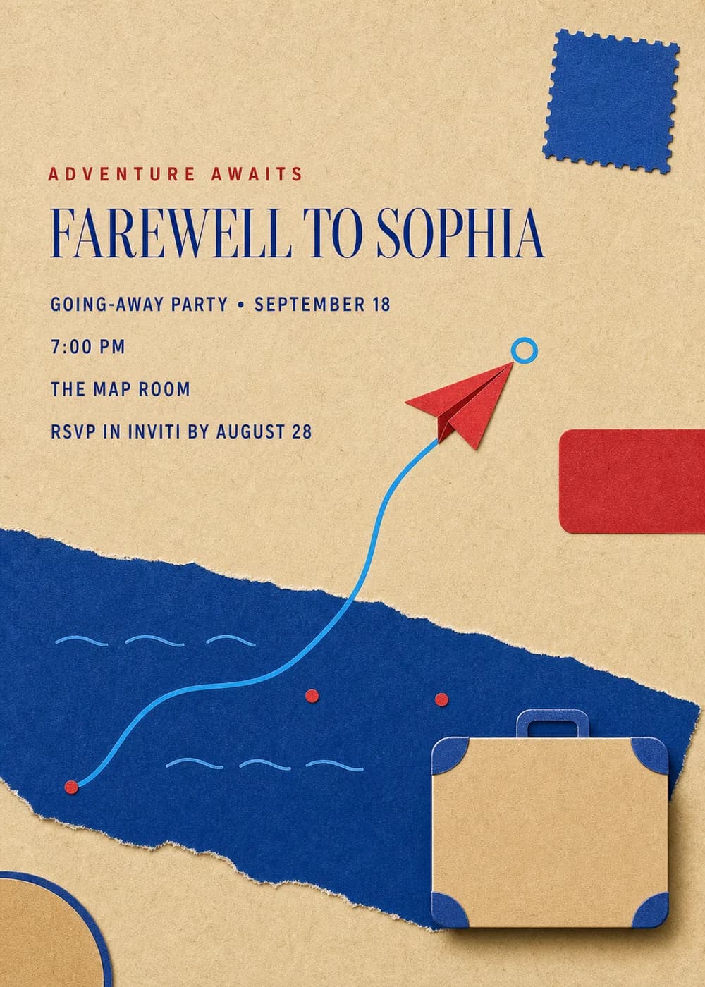 Adventure Awaits going-away party invitation in kraft postcard paper-collage style with a postage stamp, a red paper airplane, a winding flight path, a torn cobalt paper strip, a tan suitcase and a red label