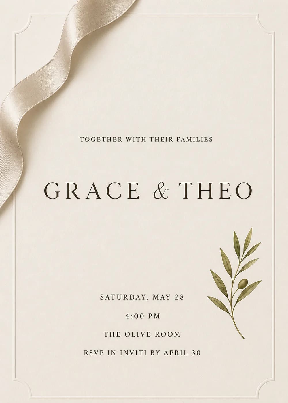 Minimal wedding invitation on warm ivory paper with a champagne satin ribbon curving down from the upper left, an olive sprig at the right and espresso serif capitals inside a fine embossed border with notched corners