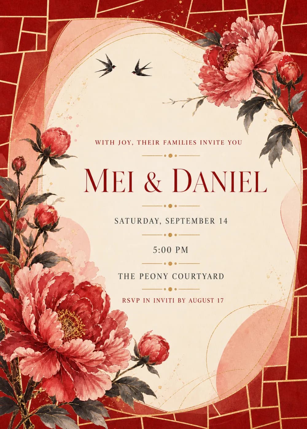 Chinese wedding invitation with painted red and pink peonies and a pair of swallows on a softly rounded ivory panel, framed by a red lattice of gold-outlined panes