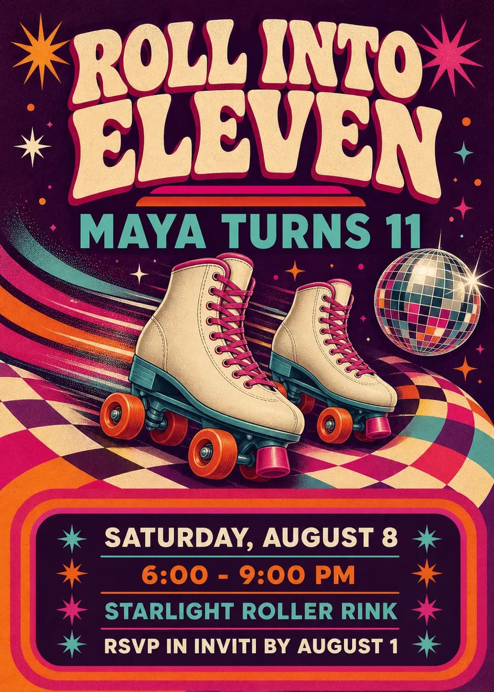 Roll Into Eleven roller skating birthday invitation with cream quad roller skates, a disco ball and a checkerboard rink floor with rainbow ribbons on deep plum
