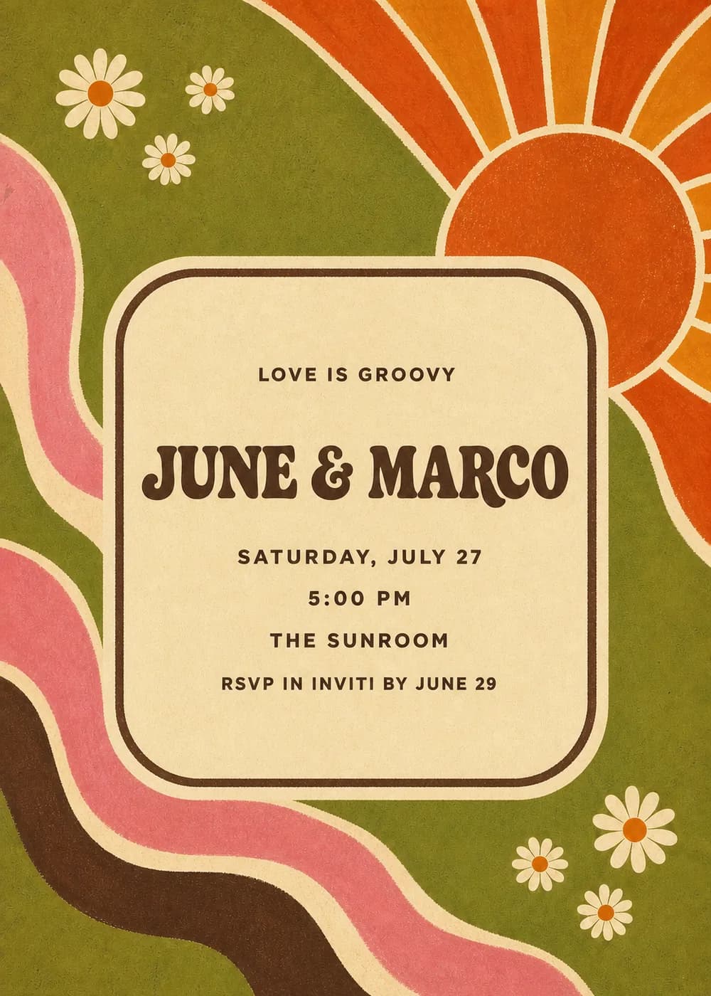 Retro 1970s-style wedding invitation with a large orange sunburst, ivory daisies and wavy coral-pink and chocolate-brown bands around a cream rounded panel of chocolate-brown lettering on olive-green paper