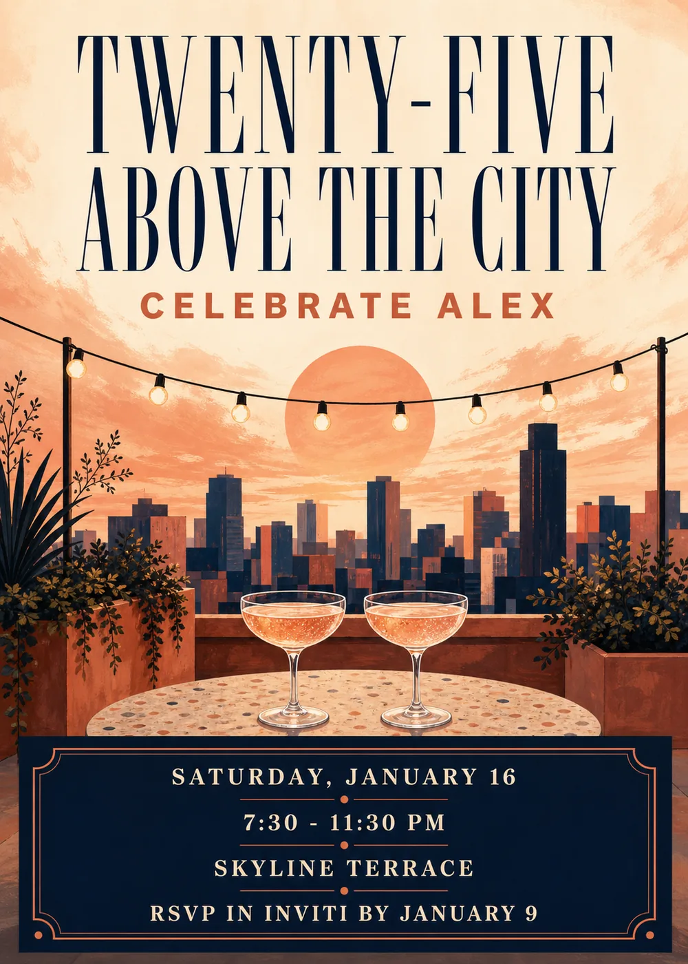 Twenty-Five Above the City birthday invitation with tall navy serif lettering and a copper name line above a coral sun setting over a city skyline, a string of bulb lights, rooftop planters and two coupe glasses on a round terrazzo table, with the party details in a copper-framed navy panel