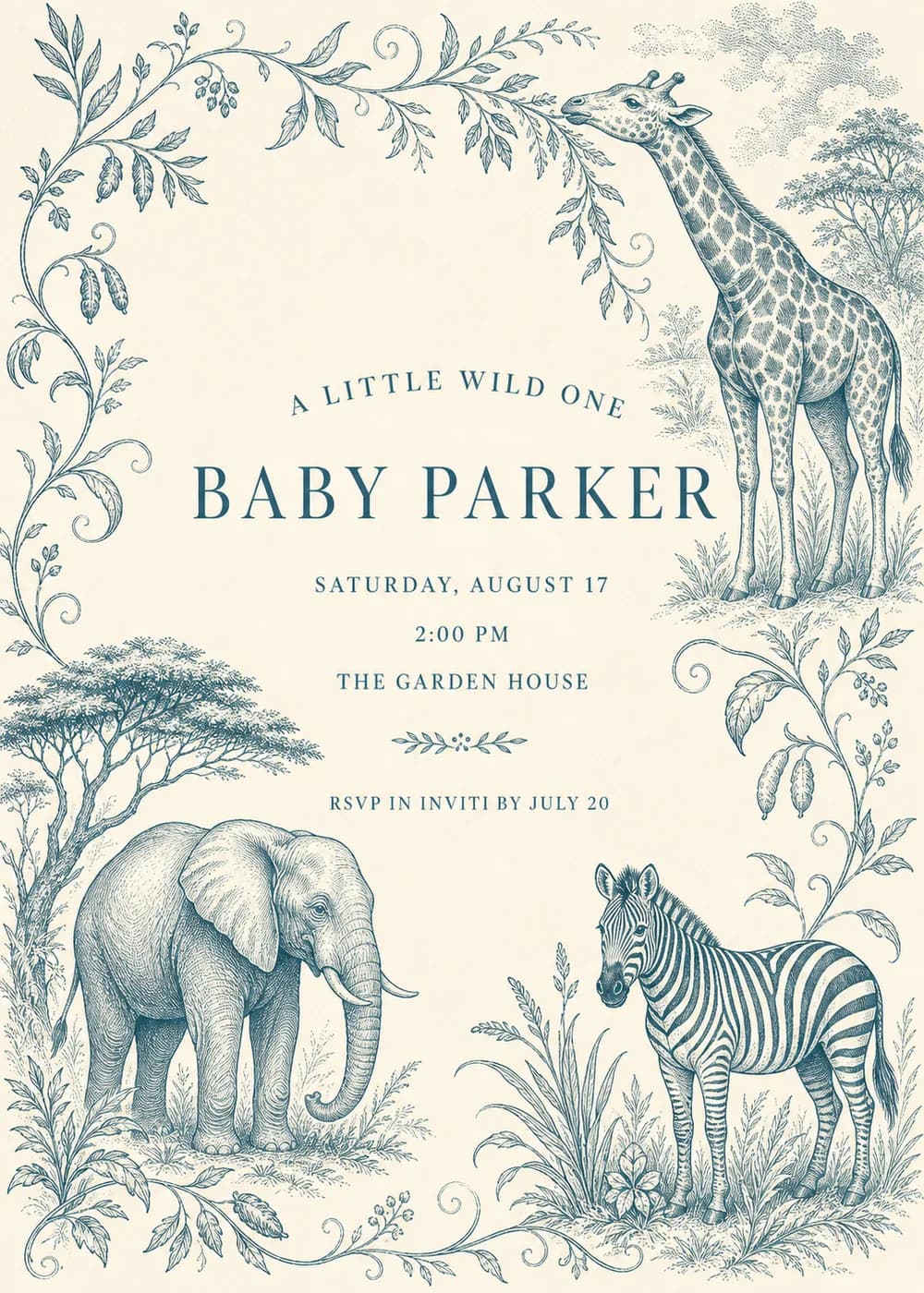 A Little Wild One safari baby shower invitation in blue engraved toile with a giraffe, an elephant and a zebra among acacia trees and curling vines on cream