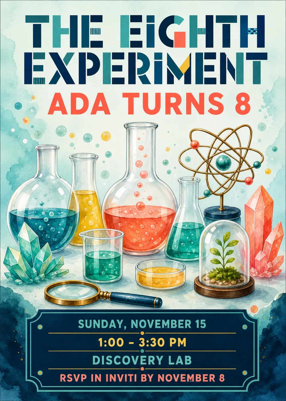 The Eighth Experiment science birthday invitation with watercolor flasks of colorful liquid, an atom model, crystals, a terrarium and a magnifying glass on pale mint