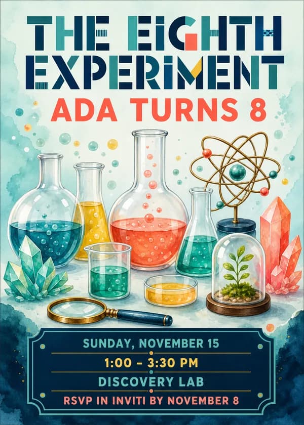 The Eighth Experiment science birthday invitation with watercolor flasks of colorful liquid, an atom model, crystals, a terrarium and a magnifying glass on pale mint
