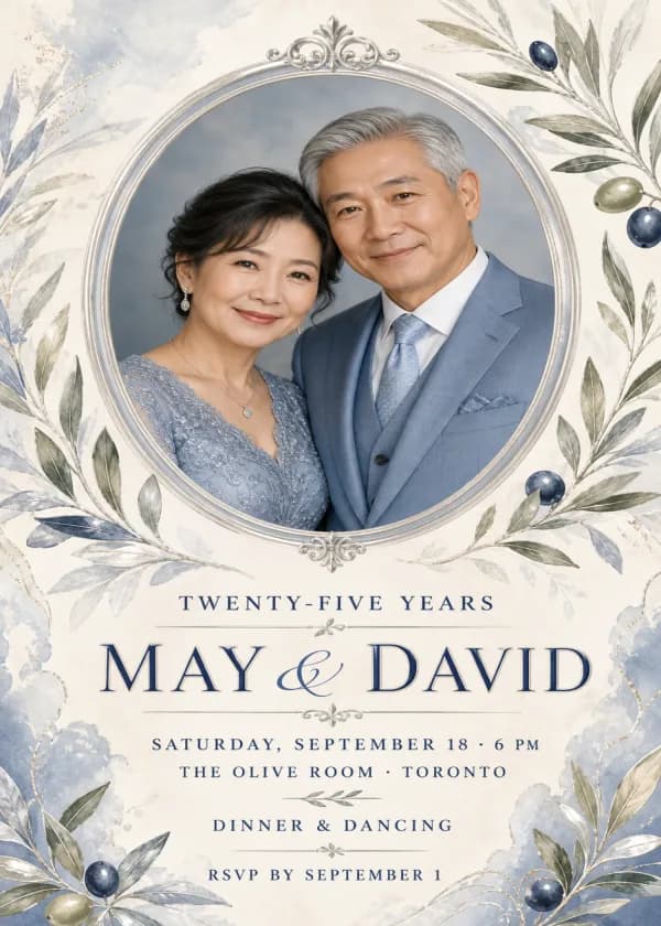 Silver anniversary invitation with a fictional couple portrait