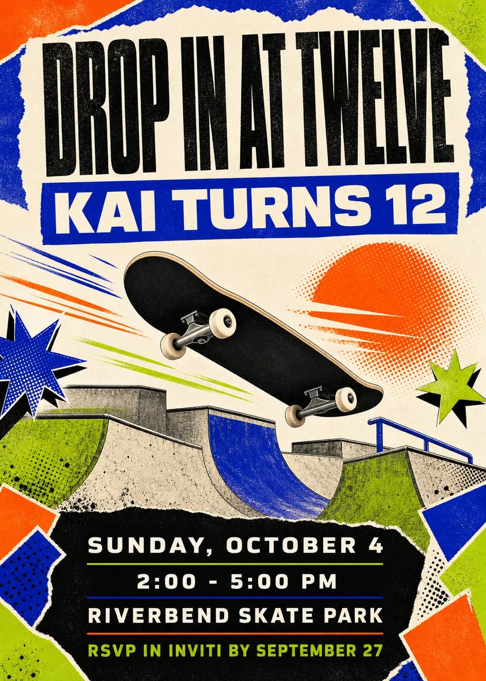 Drop In at Twelve skateboard birthday invitation in torn-paper street-poster collage with a flying skateboard, concrete ramps, a rail and orange, blue and lime starbursts