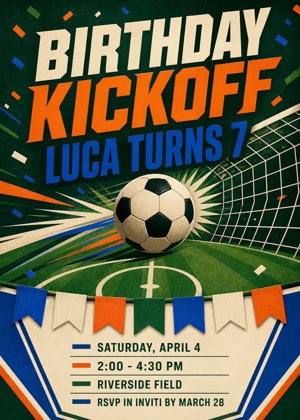 Birthday Kickoff soccer invitation with a classic soccer ball flying toward a goal net over a green pitch, with multicolor pennants and confetti in orange, blue and cream