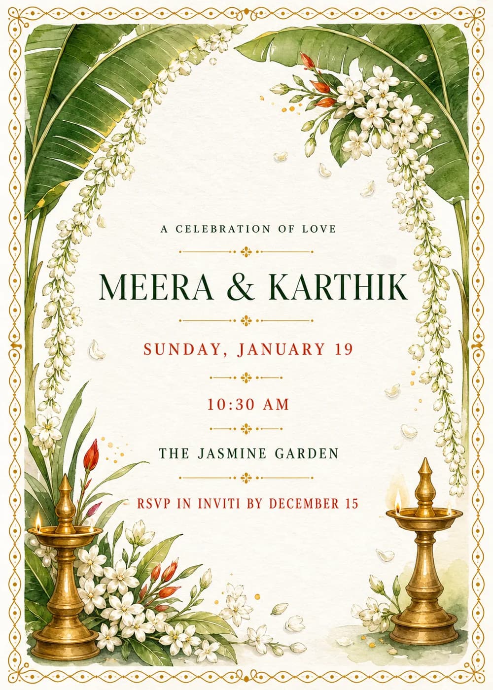 Watercolor South Indian wedding invitation with banana leaves and white jasmine strands arching over forest-green and vermilion lettering, red buds and two lit brass oil lamps inside a gold looped border on ivory