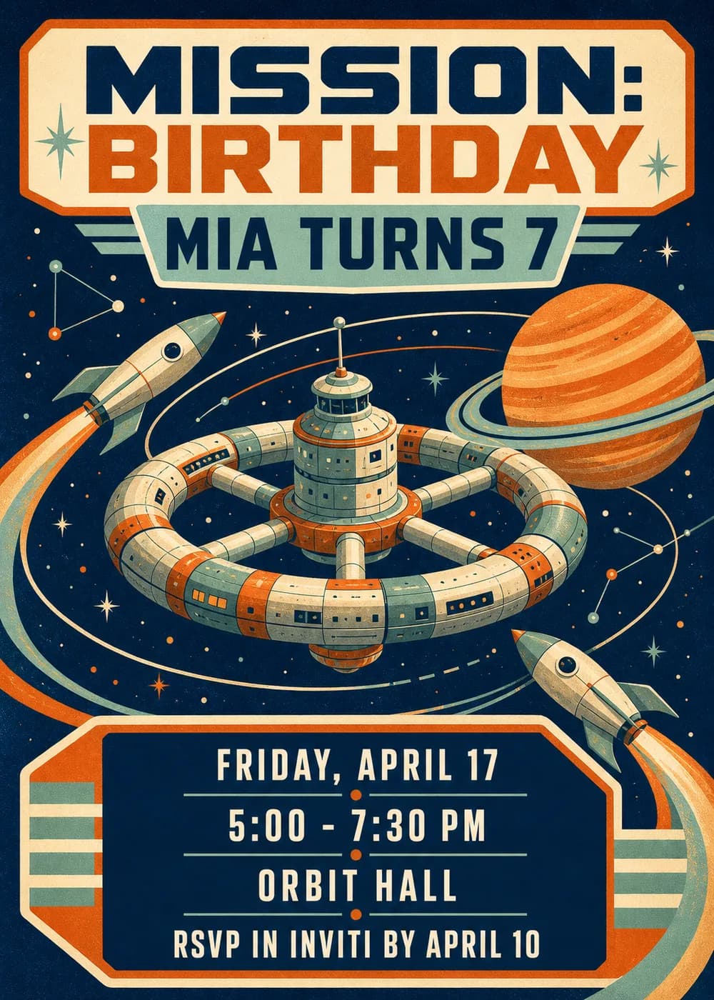 Mission: Birthday invitation in retro space-poster style with a ring-shaped space station, two rockets and an orange ringed planet on deep indigo