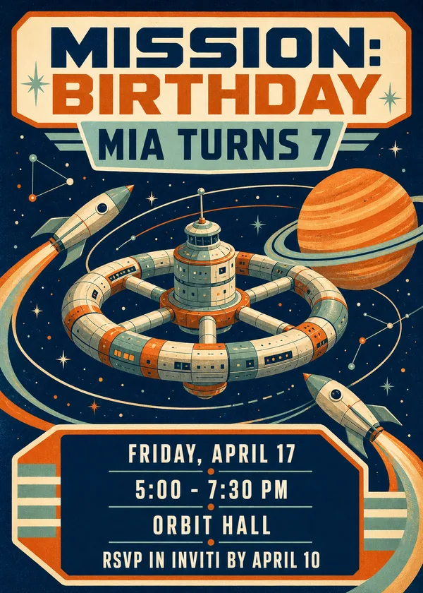 Mission: Birthday invitation in retro space-poster style with a ring-shaped space station, two rockets and an orange ringed planet on deep indigo