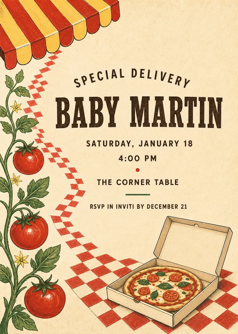 Special Delivery pizza baby shower invitation with a red and yellow striped awning, a tomato vine, red checkered tiles and an open pizza box in retro poster style