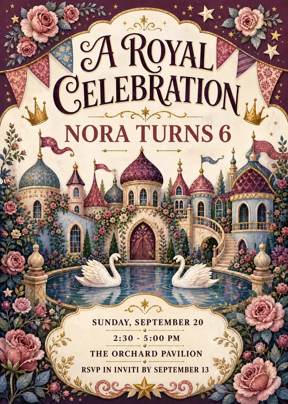 A Royal Celebration birthday invitation with a fairytale palace of blue and plum turrets, two white swans on a pond, pink roses, crowns and gold filigree on burgundy