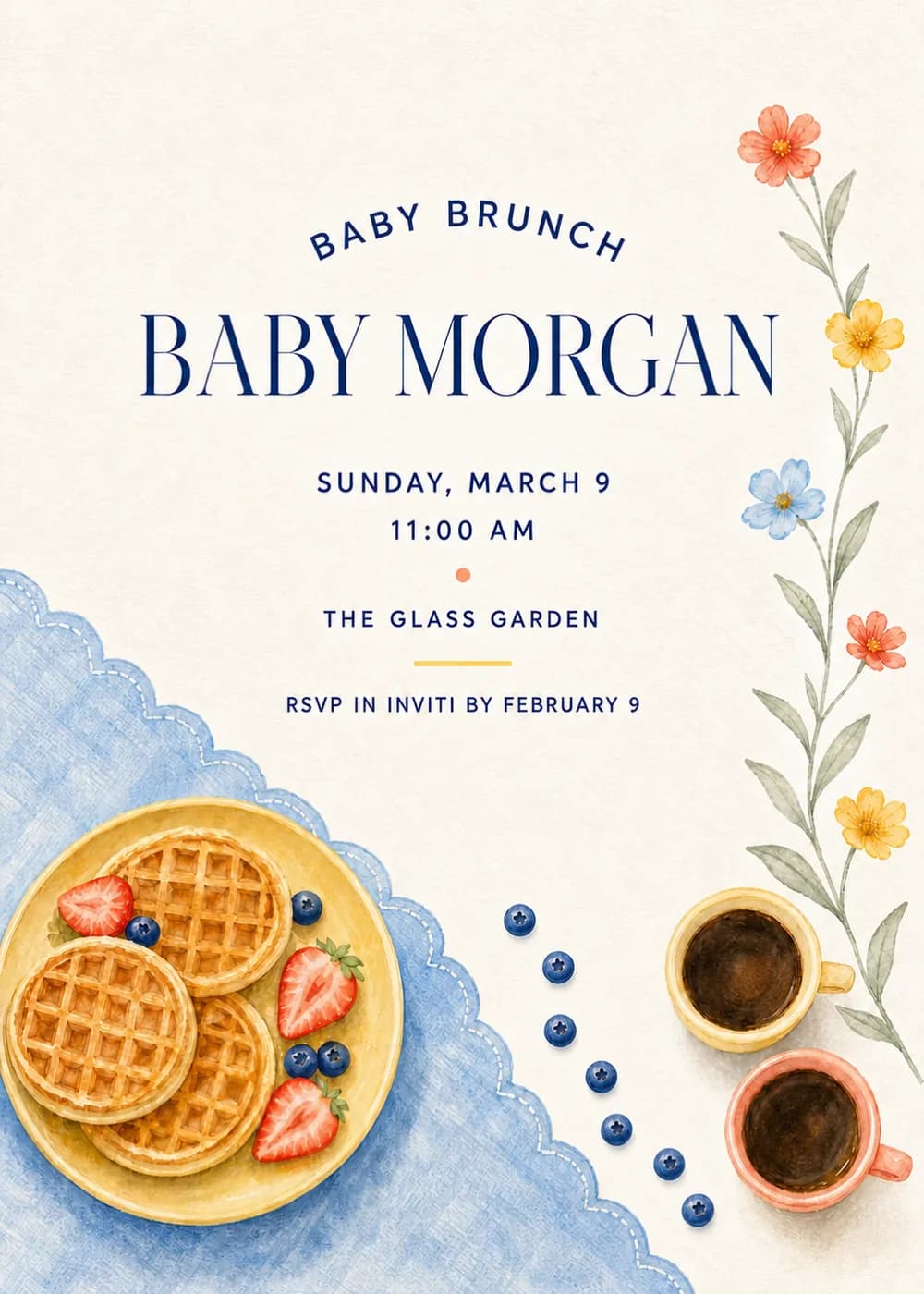 Baby Brunch baby shower invitation in soft watercolor with a large navy name above a blue scalloped tablecloth, golden waffles, strawberries, blueberries, two coffee cups and coral, yellow and blue spring flowers