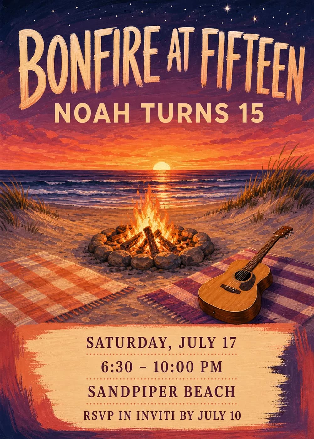 Bonfire at Fifteen birthday invitation with rough hand-painted cream lettering and a peach name line across a starry navy-to-orange sunset sky, a stone-ring bonfire on the sand between grassy dunes, a plaid blanket and a striped blanket with an acoustic guitar, and the party details on a ragged peach brushstroke panel