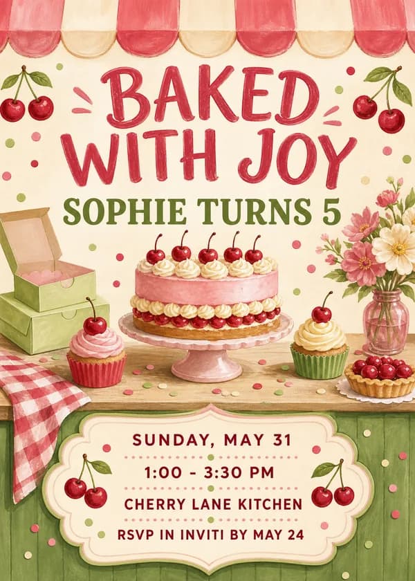 Baked with Joy bakery birthday invitation with a striped red awning, a pink cherry layer cake, cupcakes, cherries, flowers and gingham in soft watercolor