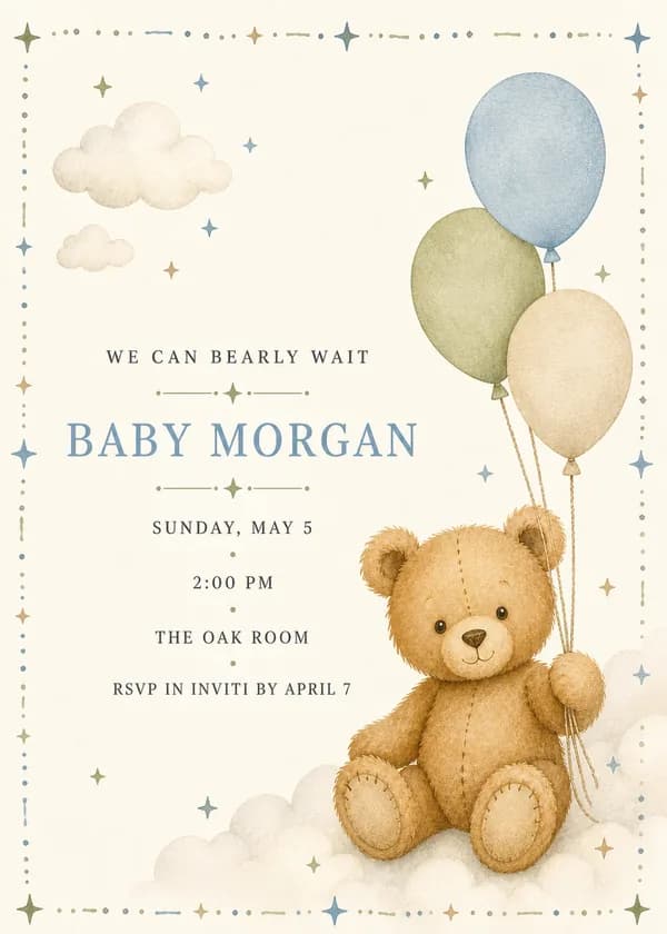 We Can Bearly Wait baby shower invitation with a watercolor teddy bear holding blue, sage and cream balloons among clouds and stars on cream