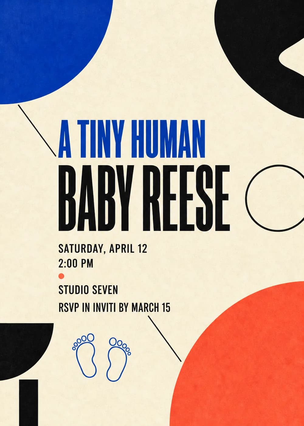 A Tiny Human modern baby shower invitation with bold cobalt, black and coral geometric shapes, blue baby footprint outlines and big condensed type