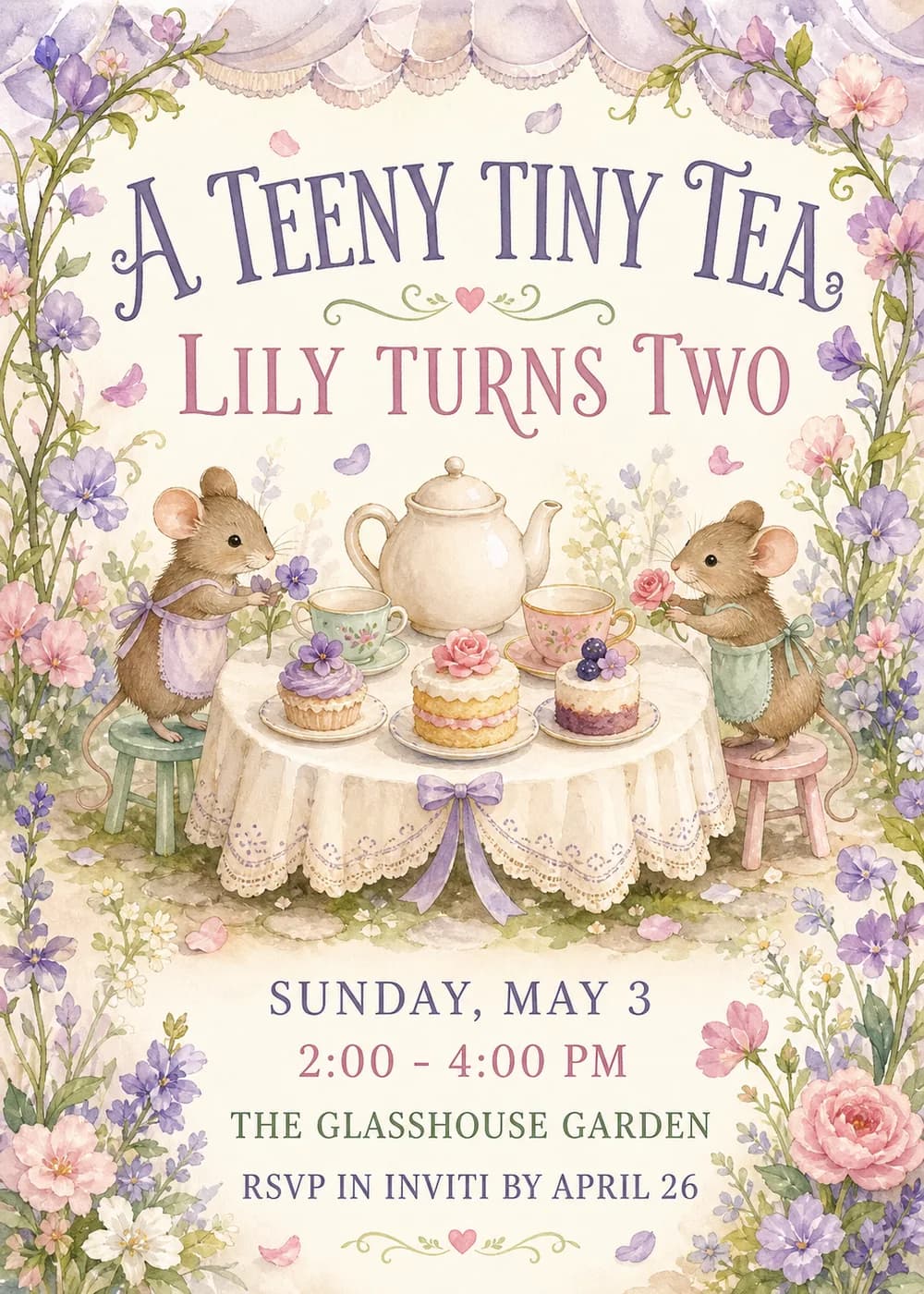 A Teeny Tiny Tea birthday invitation with two little garden mice at a miniature tea table with a teapot and cakes, under a scalloped canopy with lavender and pink flowers