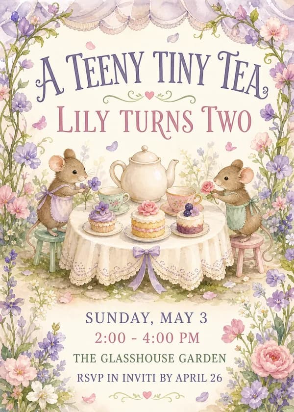 A Teeny Tiny Tea birthday invitation with two little garden mice at a miniature tea table with a teapot and cakes, under a scalloped canopy with lavender and pink flowers