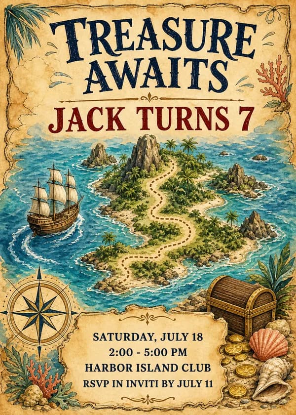 Treasure Awaits pirate birthday invitation shaped like an old parchment treasure map with a palm island, a dotted trail, a sailing ship, a compass and a treasure chest