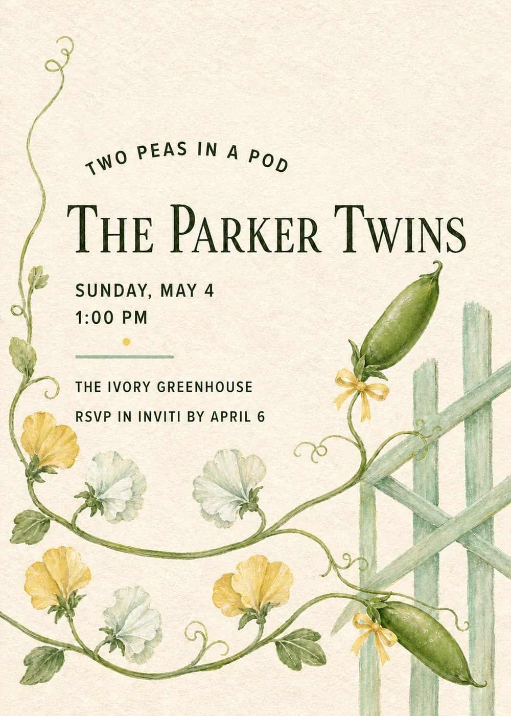 Two Peas in a Pod twin baby shower invitation with a climbing pea vine, pea pods tied with yellow bows, sweet pea flowers and a pale green fence