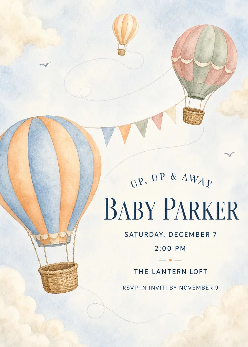 Up, Up and Away baby shower invitation with three watercolor hot air balloons, a pastel bunting strand, clouds and small birds