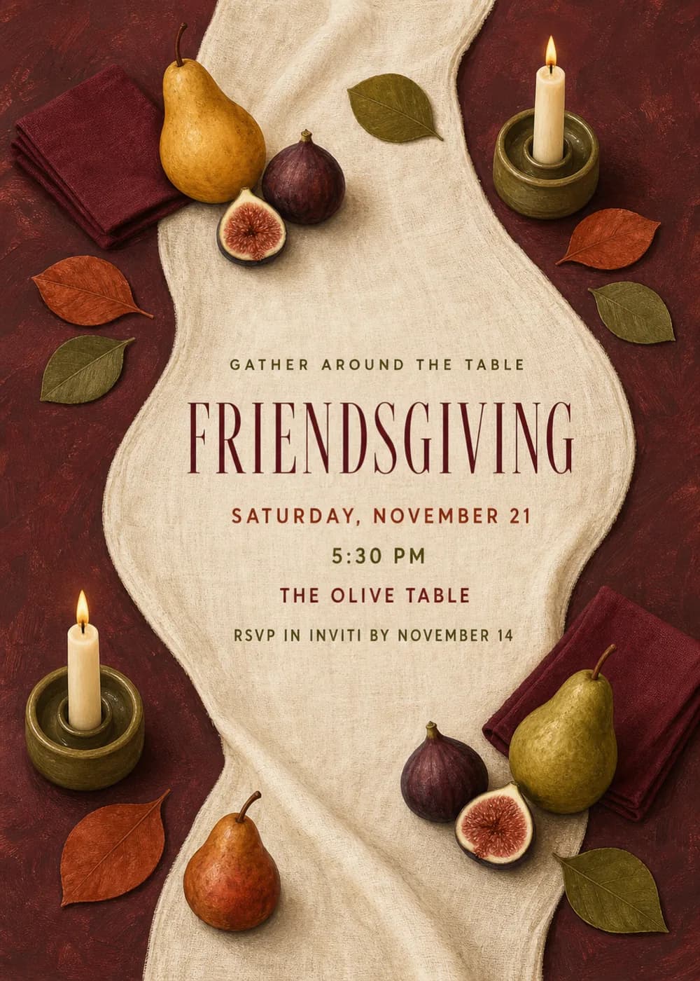 Friendsgiving invitation with a linen table runner, pears, figs, autumn leaves and candles on a deep burgundy background