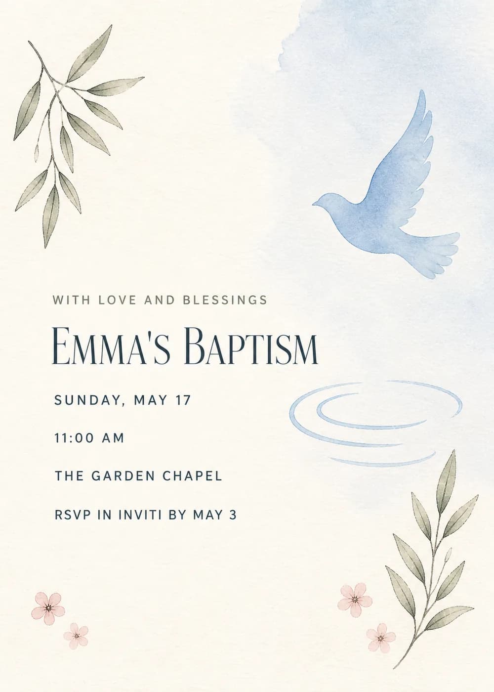 Baptism invitation with a pale blue flying dove, blue water ripples, sage olive sprigs and tiny blush flowers in soft watercolor around open ivory space