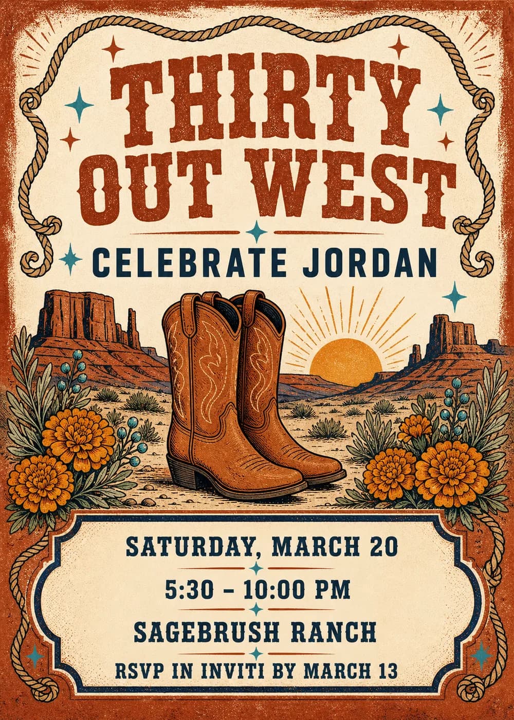 Thirty Out West birthday invitation with heavy rust Western slab lettering and a navy name line inside a looping rope border, above a pair of tan cowboy boots standing in the desert between red mesas and a setting sun, with orange marigolds on both sides and the party details in a navy-framed cream plaque on a rust border