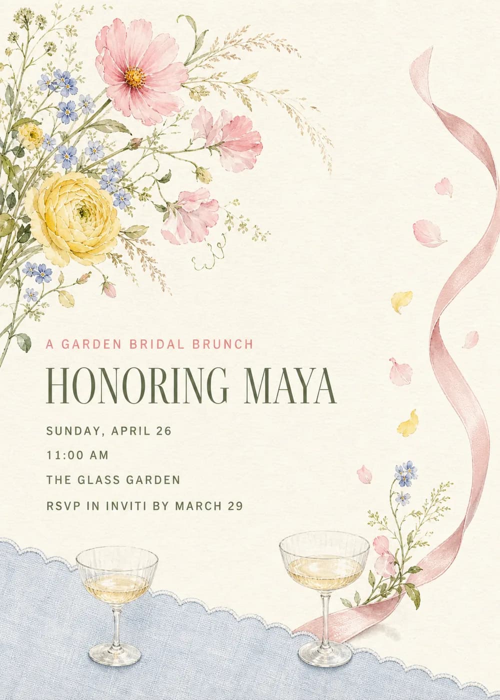 A Garden Bridal Brunch invitation with a watercolor wildflower spray of pink cosmos, yellow ranunculus and blue flowers, a pink silk ribbon and two coupe glasses on blue scalloped linen