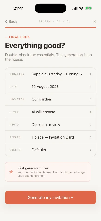 Inviti review screen with event details before generation