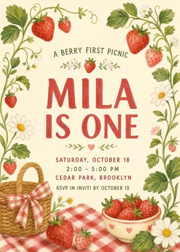 Berry picnic first birthday invitation