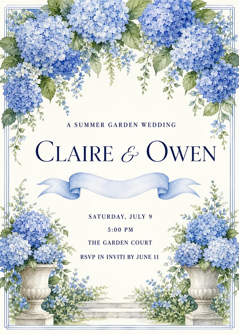 Summer garden wedding invitation with an arch of watercolor blue hydrangeas, a pale blue ribbon banner, stone urns and garden steps