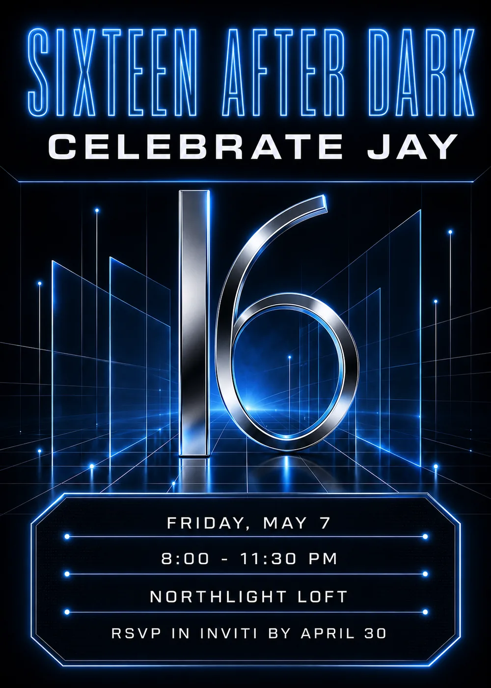 Sixteen After Dark birthday invitation with a glowing electric-blue outline headline and a silver-white name line above a large chrome 16 standing on a luminous blue perspective grid between transparent acrylic planes and pin lights, with the party details in a neon-edged panel with clipped corners, all on black