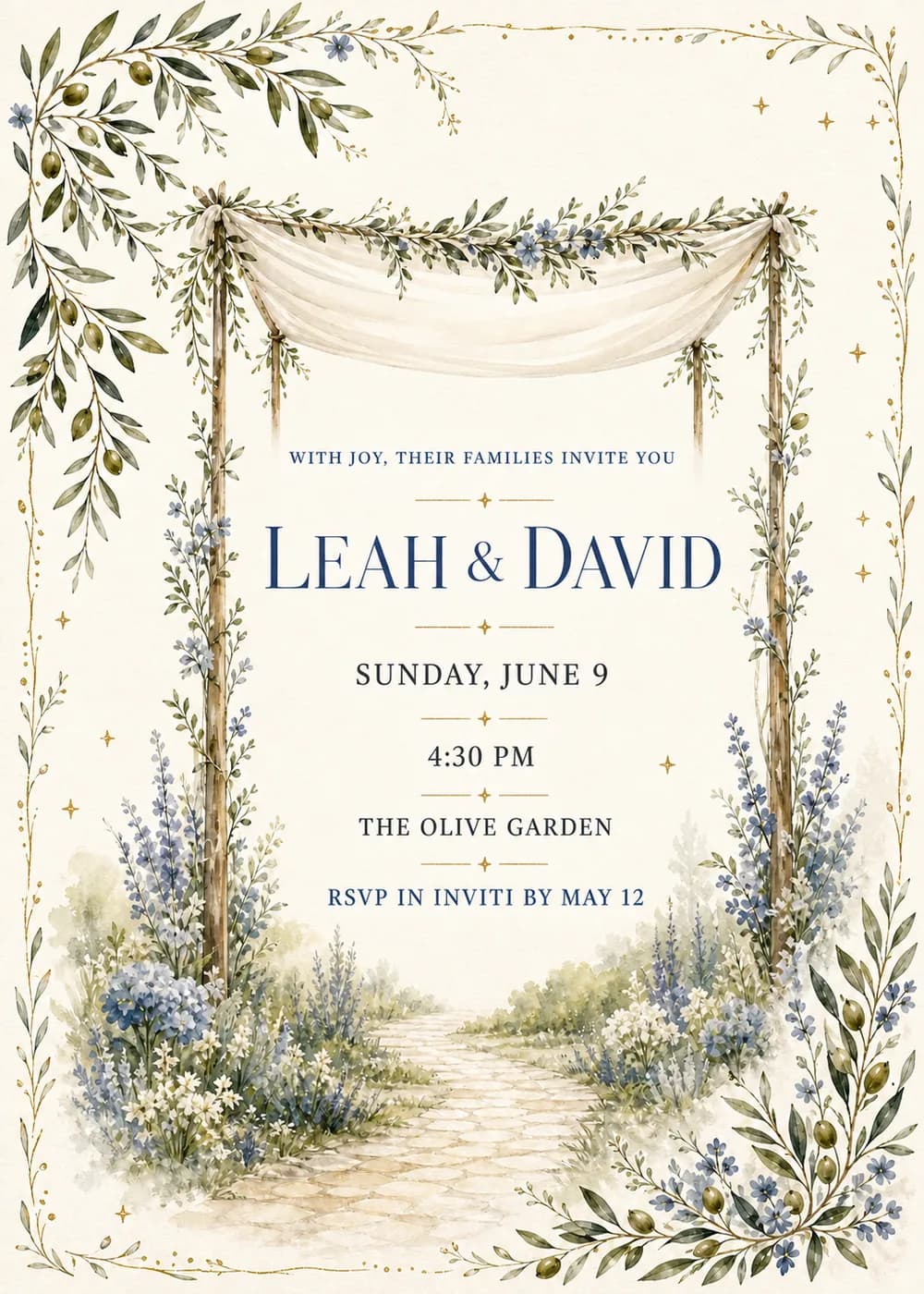 Wedding invitation with a linen-draped chuppah twined with greenery and small blue flowers over a pale garden path lined with blue and white flowers, olive branches in two corners, small gold sparkles and a fine gold border, with dusty-navy serif lettering on ivory